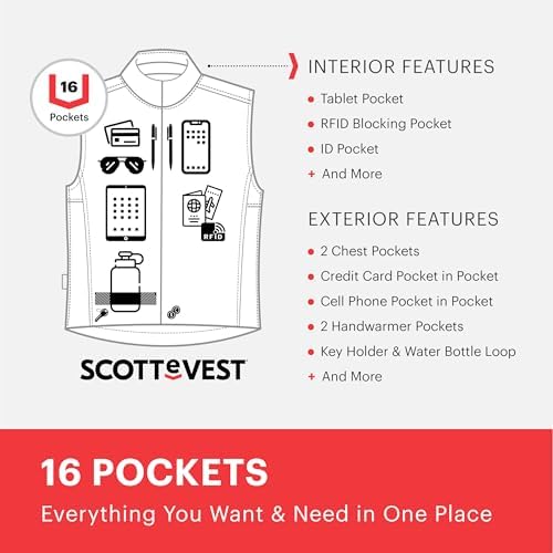 SCOTTeVEST LightEST Vest for Men - Lightweight Water Repellent with 16 Hidden Pockets - Ideal for Travel and Outdoor Adv